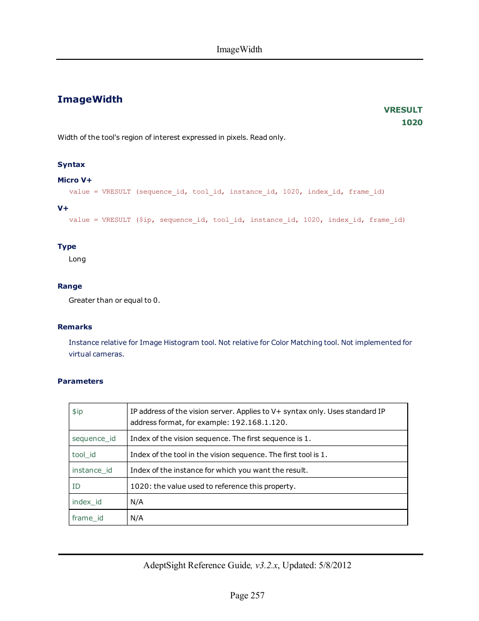 Imagewidth | Adept AdeptSight Reference Guide User Manual | Page 257 / 579