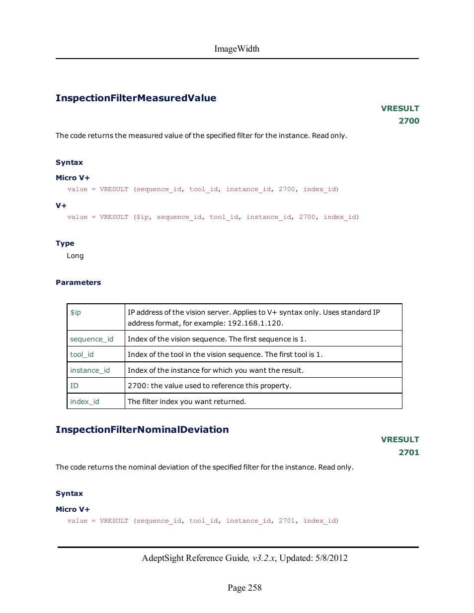 Inspectionfiltermeasuredvalue, Inspectionfilternominaldeviation | Adept AdeptSight Reference Guide User Manual | Page 258 / 579