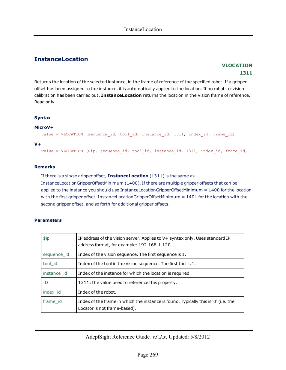 Instancelocation | Adept AdeptSight Reference Guide User Manual | Page 269 / 579