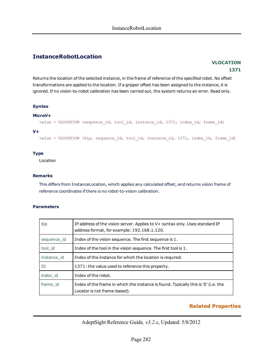 Instancerobotlocation | Adept AdeptSight Reference Guide User Manual | Page 282 / 579