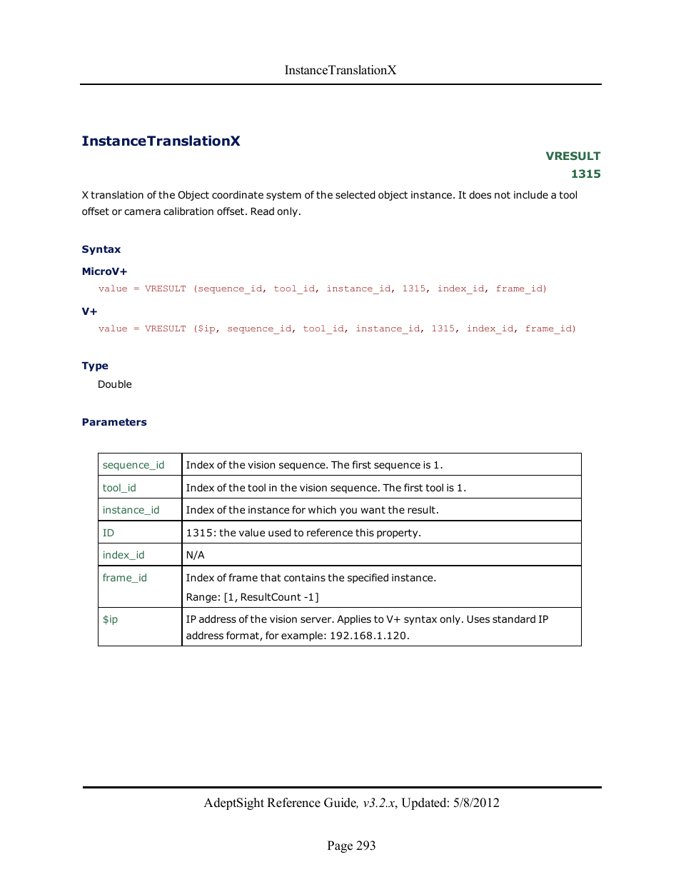Instancetranslationx | Adept AdeptSight Reference Guide User Manual | Page 293 / 579
