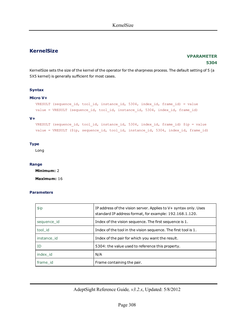 Kernelsize | Adept AdeptSight Reference Guide User Manual | Page 308 / 579