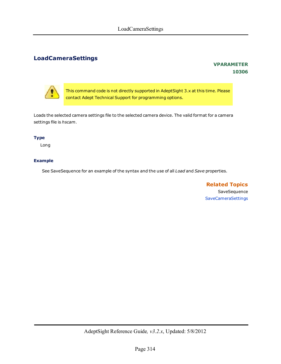 Loadcamerasettings | Adept AdeptSight Reference Guide User Manual | Page 314 / 579