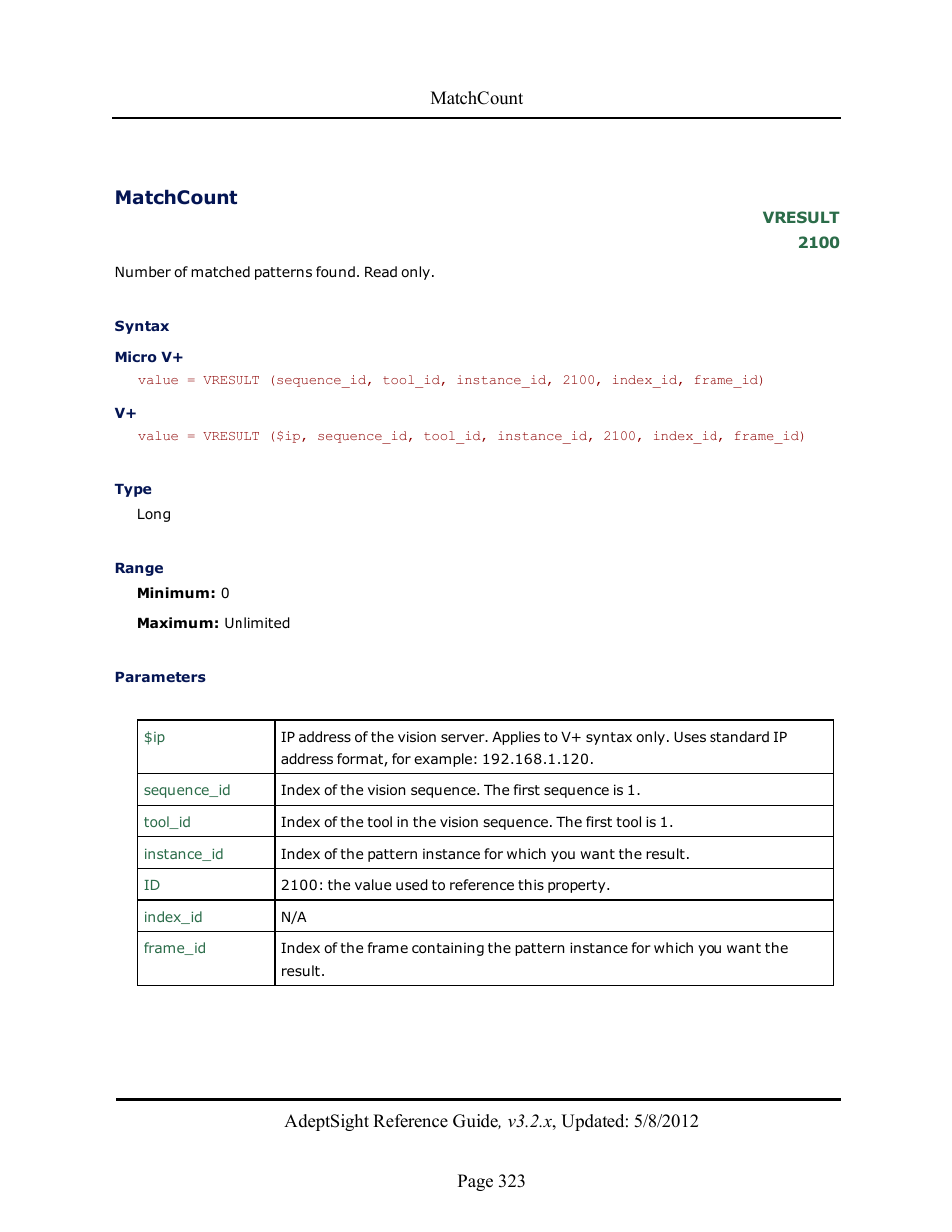 Matchcount | Adept AdeptSight Reference Guide User Manual | Page 323 / 579