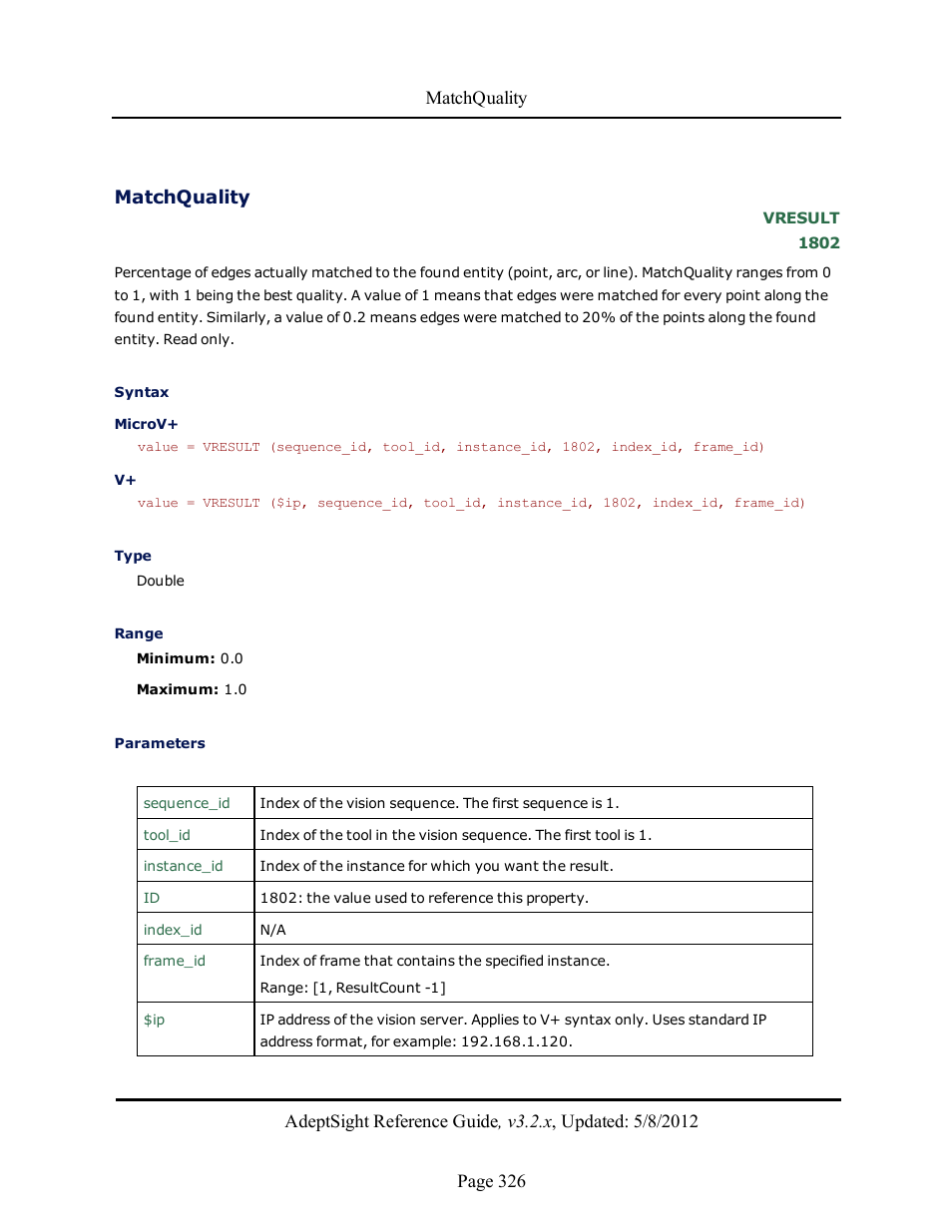 Matchquality | Adept AdeptSight Reference Guide User Manual | Page 326 / 579