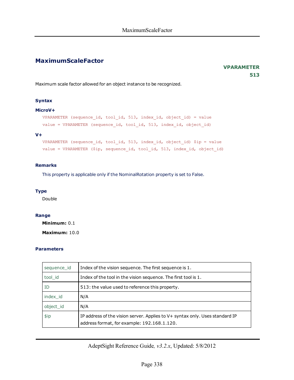 Maximumscalefactor | Adept AdeptSight Reference Guide User Manual | Page 338 / 579