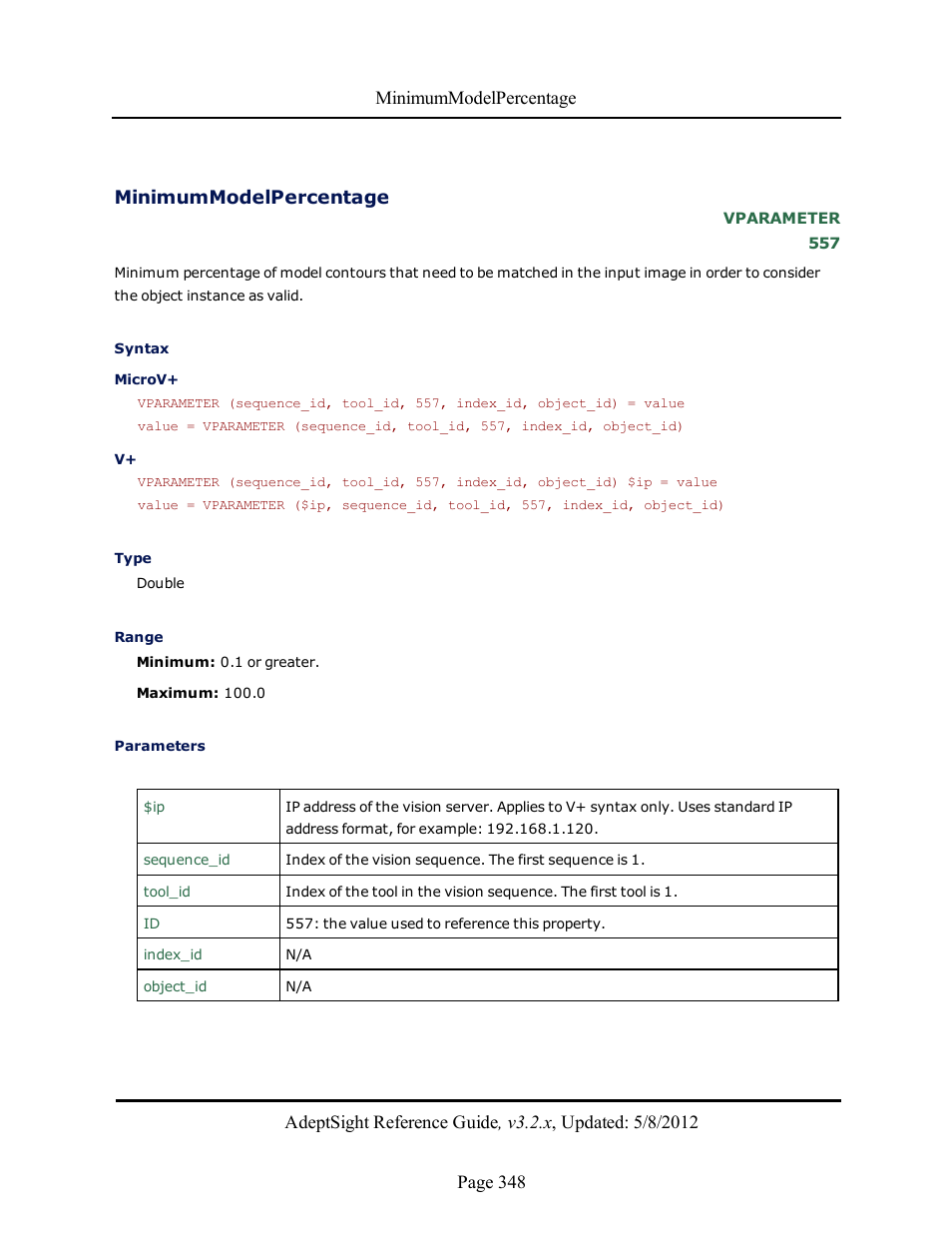 Minimummodelpercentage | Adept AdeptSight Reference Guide User Manual | Page 348 / 579