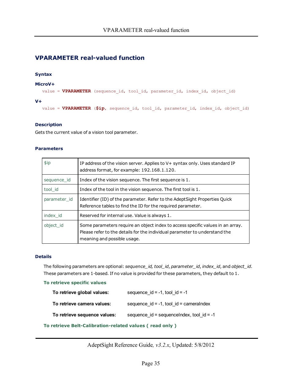 Vparameter real-valued function | Adept AdeptSight Reference Guide User Manual | Page 35 / 579