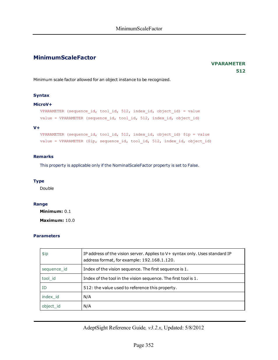 Minimumscalefactor | Adept AdeptSight Reference Guide User Manual | Page 352 / 579