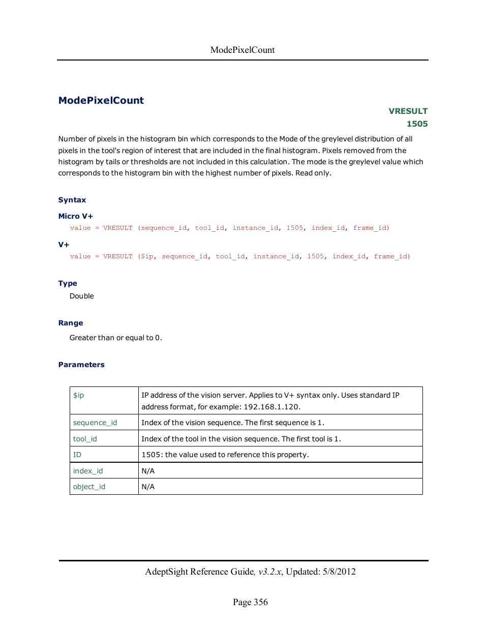 Modepixelcount | Adept AdeptSight Reference Guide User Manual | Page 356 / 579