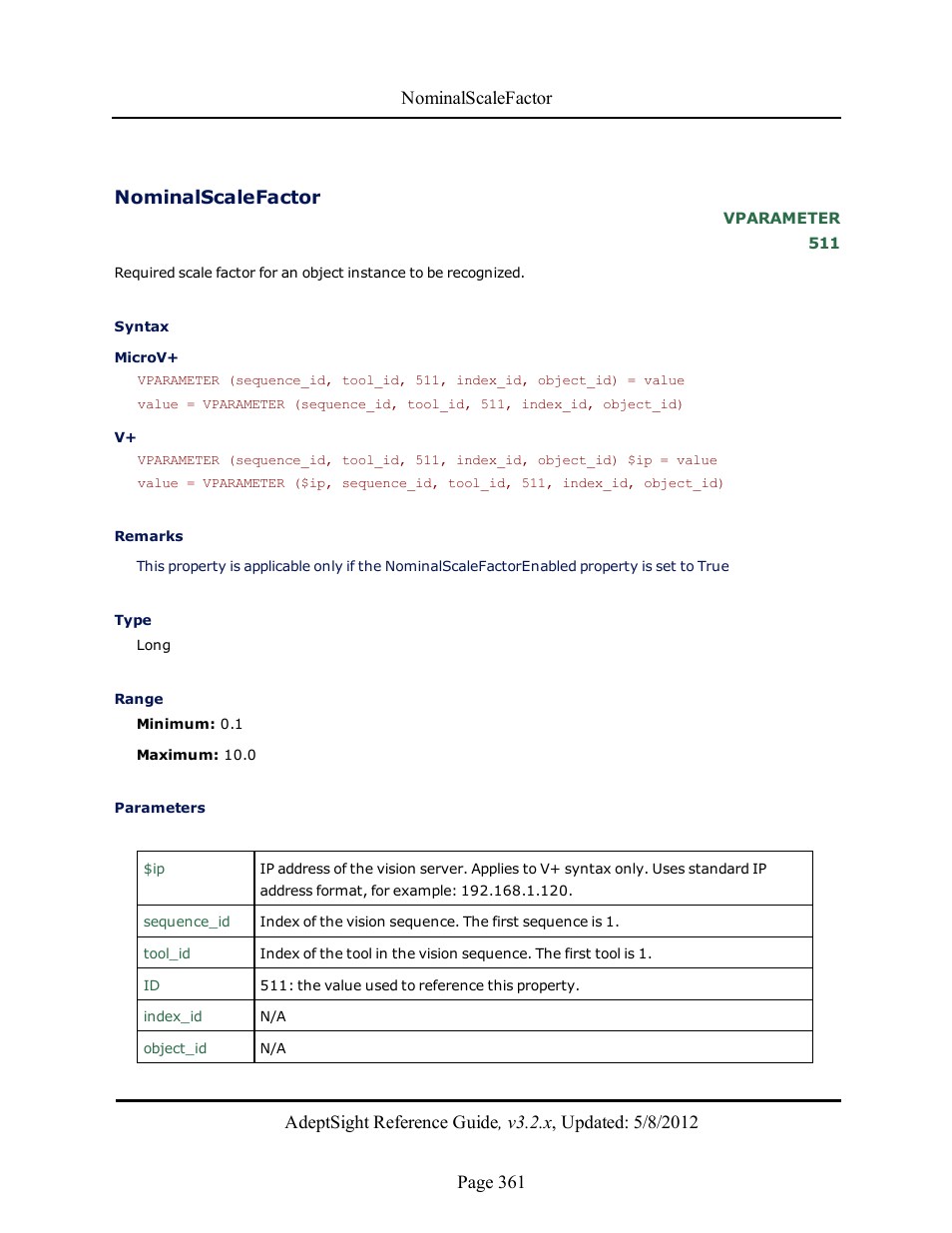 Nominalscalefactor | Adept AdeptSight Reference Guide User Manual | Page 361 / 579