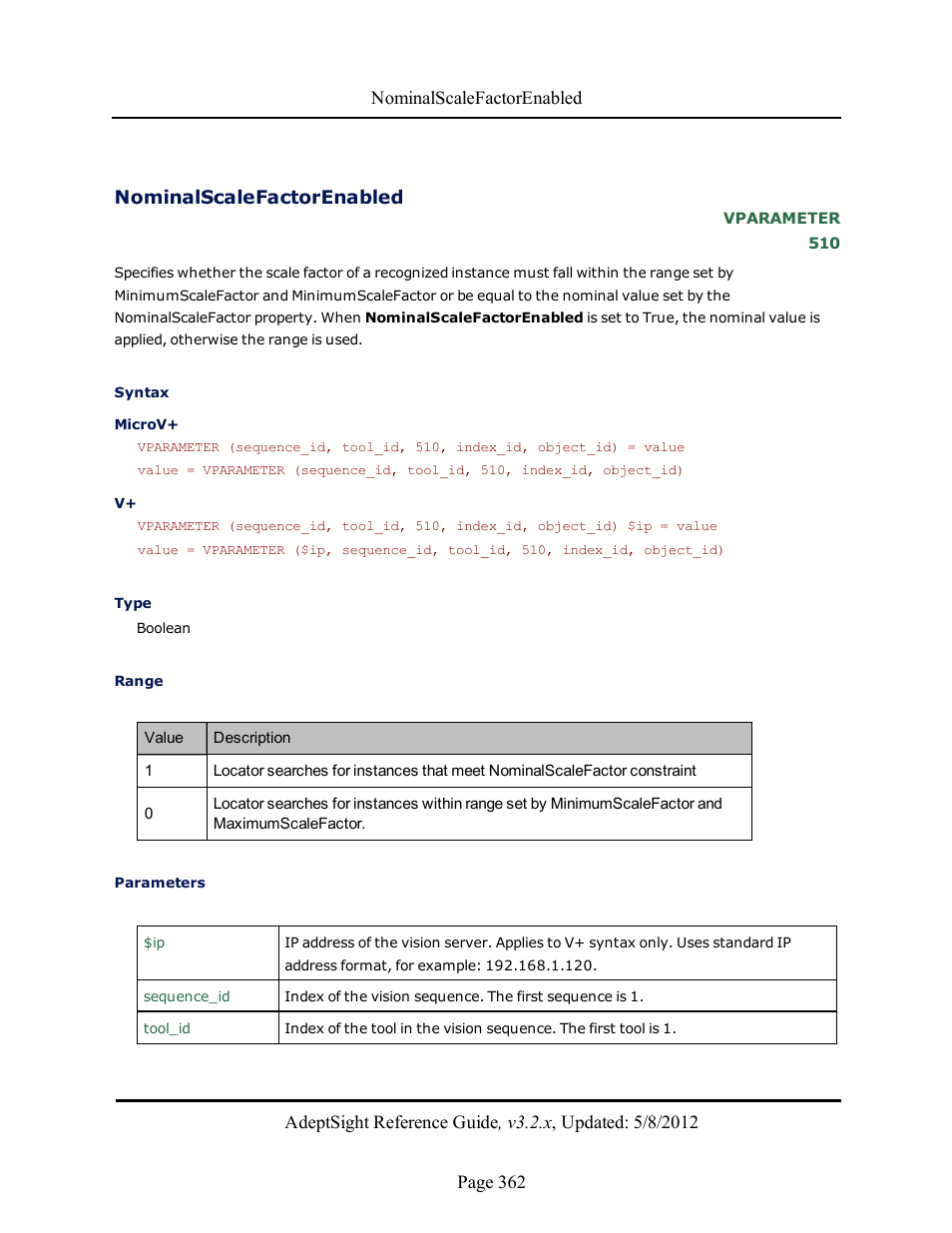 Nominalscalefactorenabled | Adept AdeptSight Reference Guide User Manual | Page 362 / 579