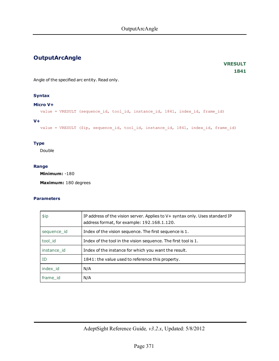 Outputarcangle | Adept AdeptSight Reference Guide User Manual | Page 371 / 579