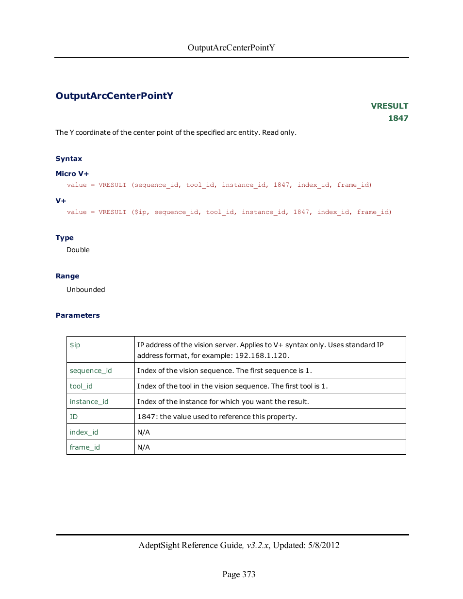 Outputarccenterpointy | Adept AdeptSight Reference Guide User Manual | Page 373 / 579