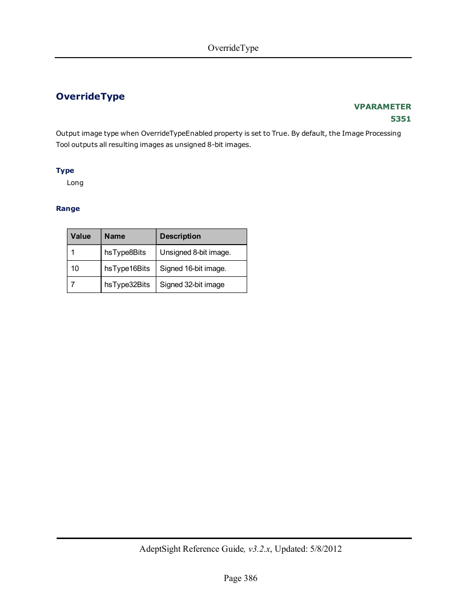 Overridetype | Adept AdeptSight Reference Guide User Manual | Page 386 / 579