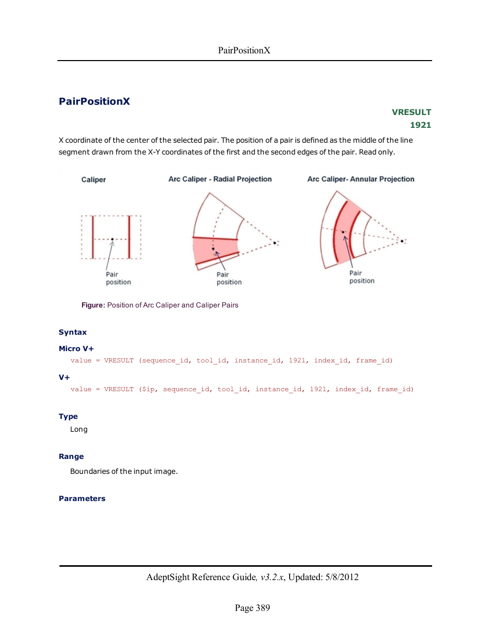 Pairpositionx | Adept AdeptSight Reference Guide User Manual | Page 389 / 579