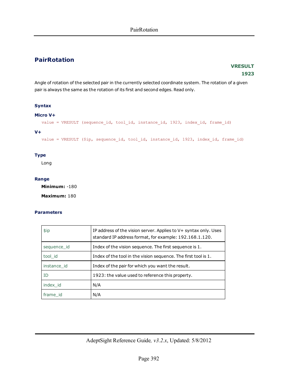 Pairrotation | Adept AdeptSight Reference Guide User Manual | Page 392 / 579