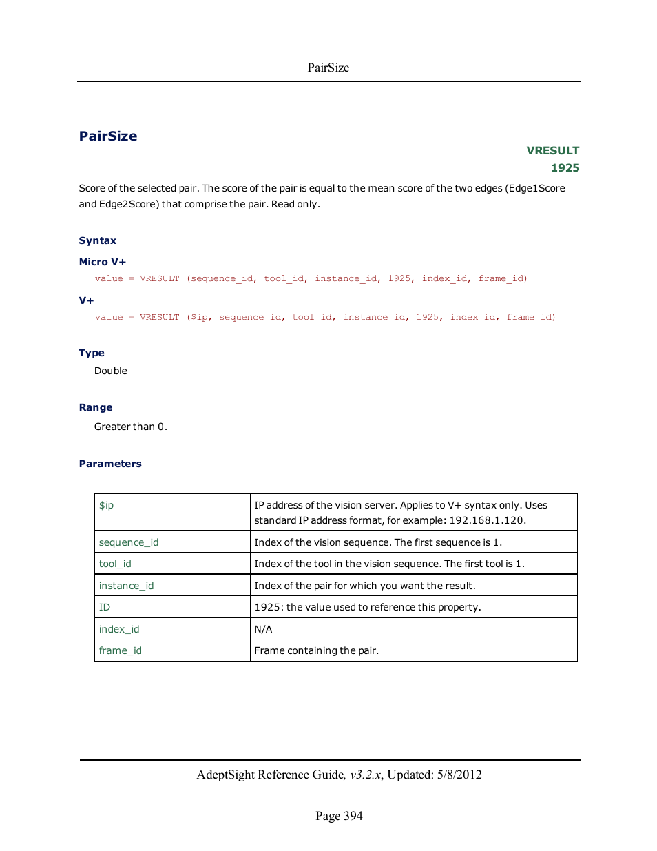 Pairsize | Adept AdeptSight Reference Guide User Manual | Page 394 / 579