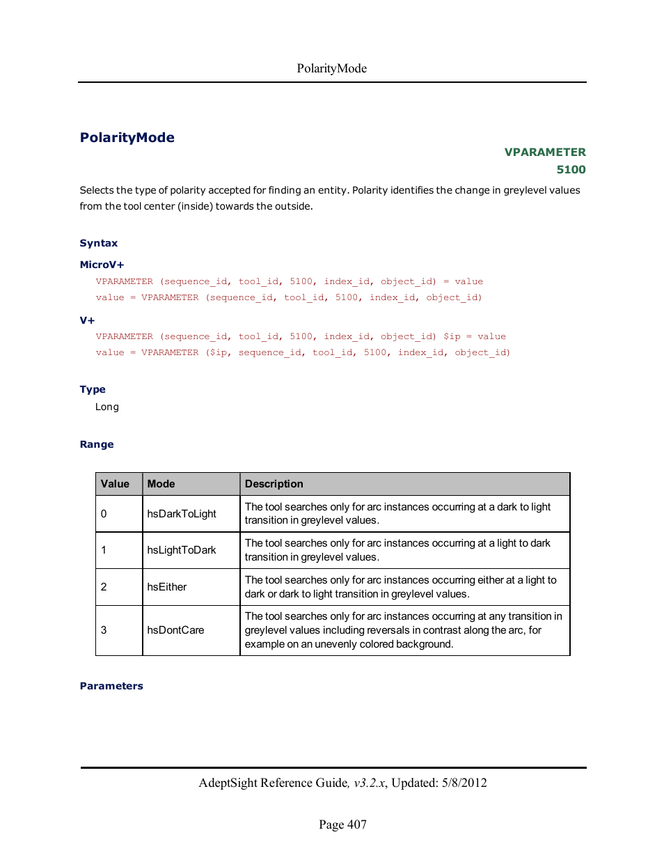 Polaritymode | Adept AdeptSight Reference Guide User Manual | Page 407 / 579