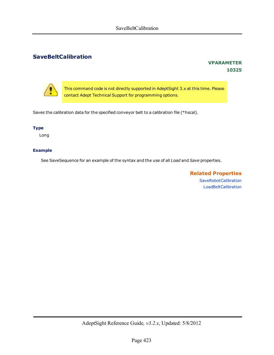 Savebeltcalibration | Adept AdeptSight Reference Guide User Manual | Page 423 / 579