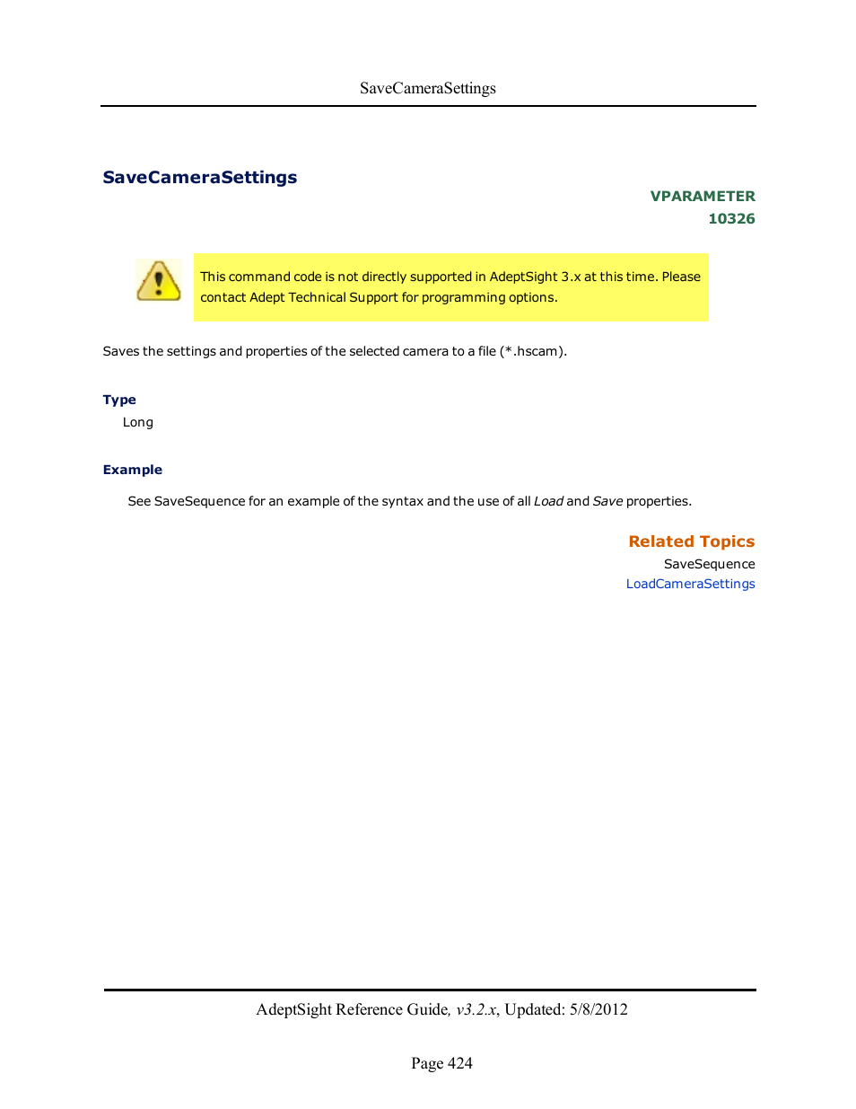 Savecamerasettings | Adept AdeptSight Reference Guide User Manual | Page 424 / 579