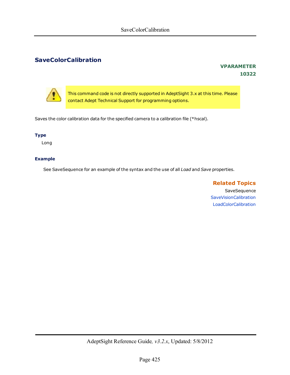 Savecolorcalibration | Adept AdeptSight Reference Guide User Manual | Page 425 / 579