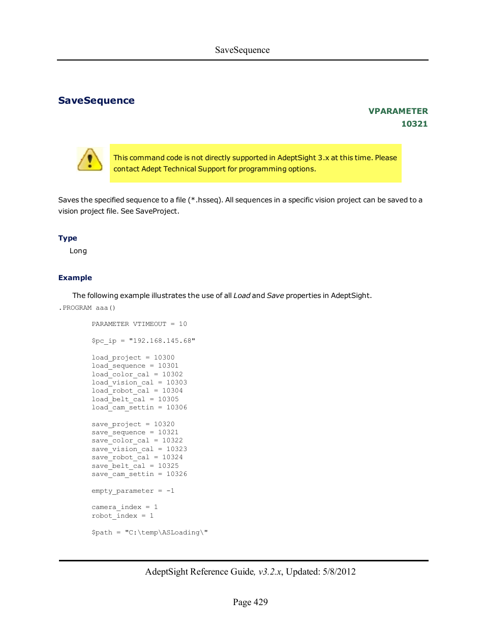 Savesequence | Adept AdeptSight Reference Guide User Manual | Page 429 / 579