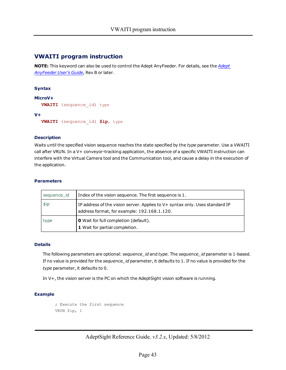 Vwaiti program instruction | Adept AdeptSight Reference Guide User Manual | Page 43 / 579