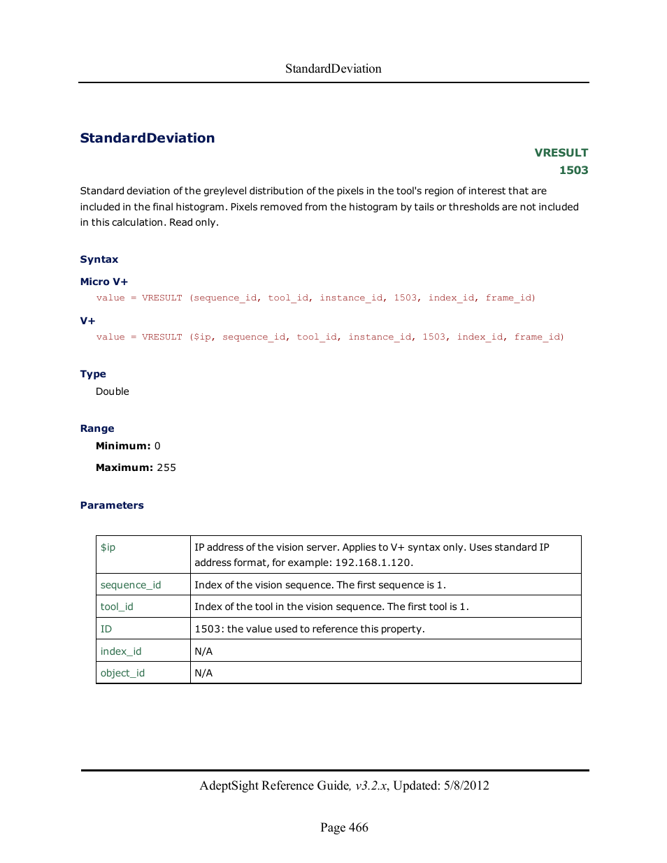 Standarddeviation | Adept AdeptSight Reference Guide User Manual | Page 466 / 579