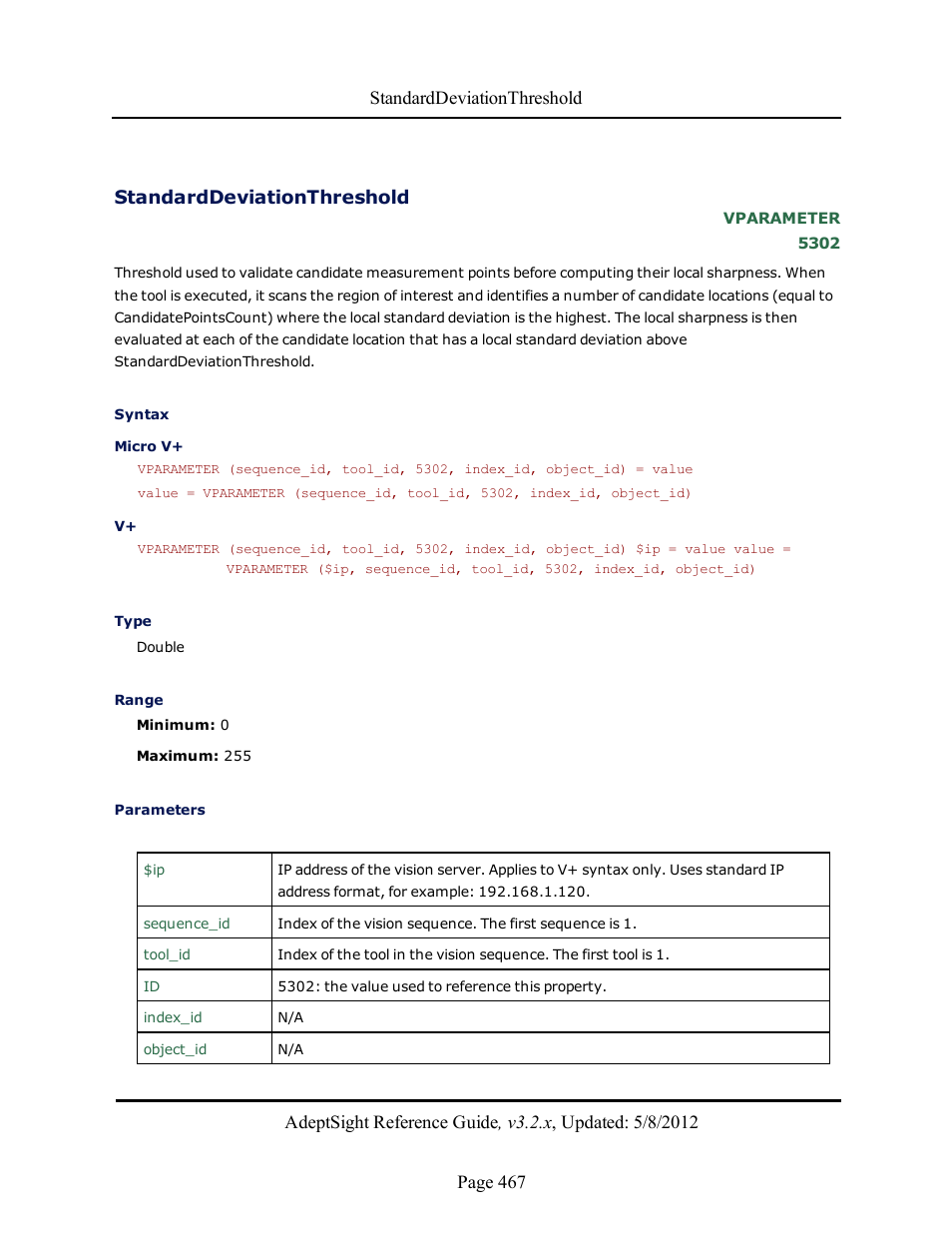 Standarddeviationthreshold | Adept AdeptSight Reference Guide User Manual | Page 467 / 579