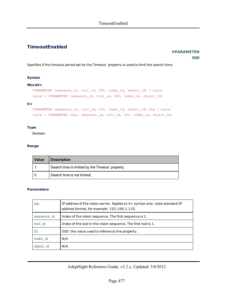 Timeoutenabled | Adept AdeptSight Reference Guide User Manual | Page 477 / 579