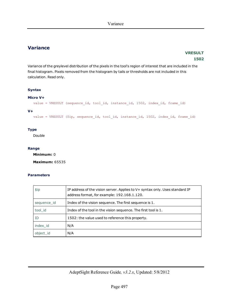 Variance | Adept AdeptSight Reference Guide User Manual | Page 497 / 579