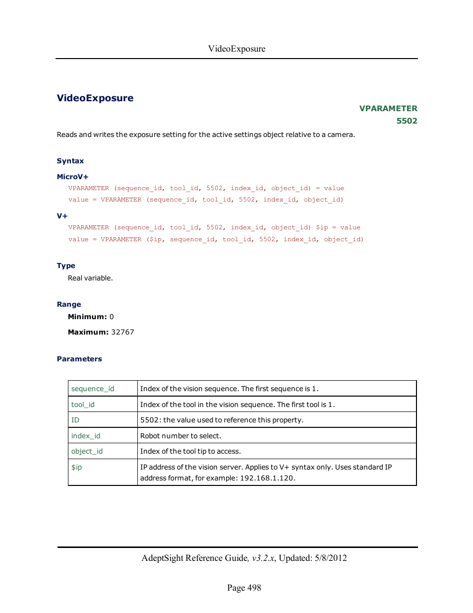 Videoexposure | Adept AdeptSight Reference Guide User Manual | Page 498 / 579