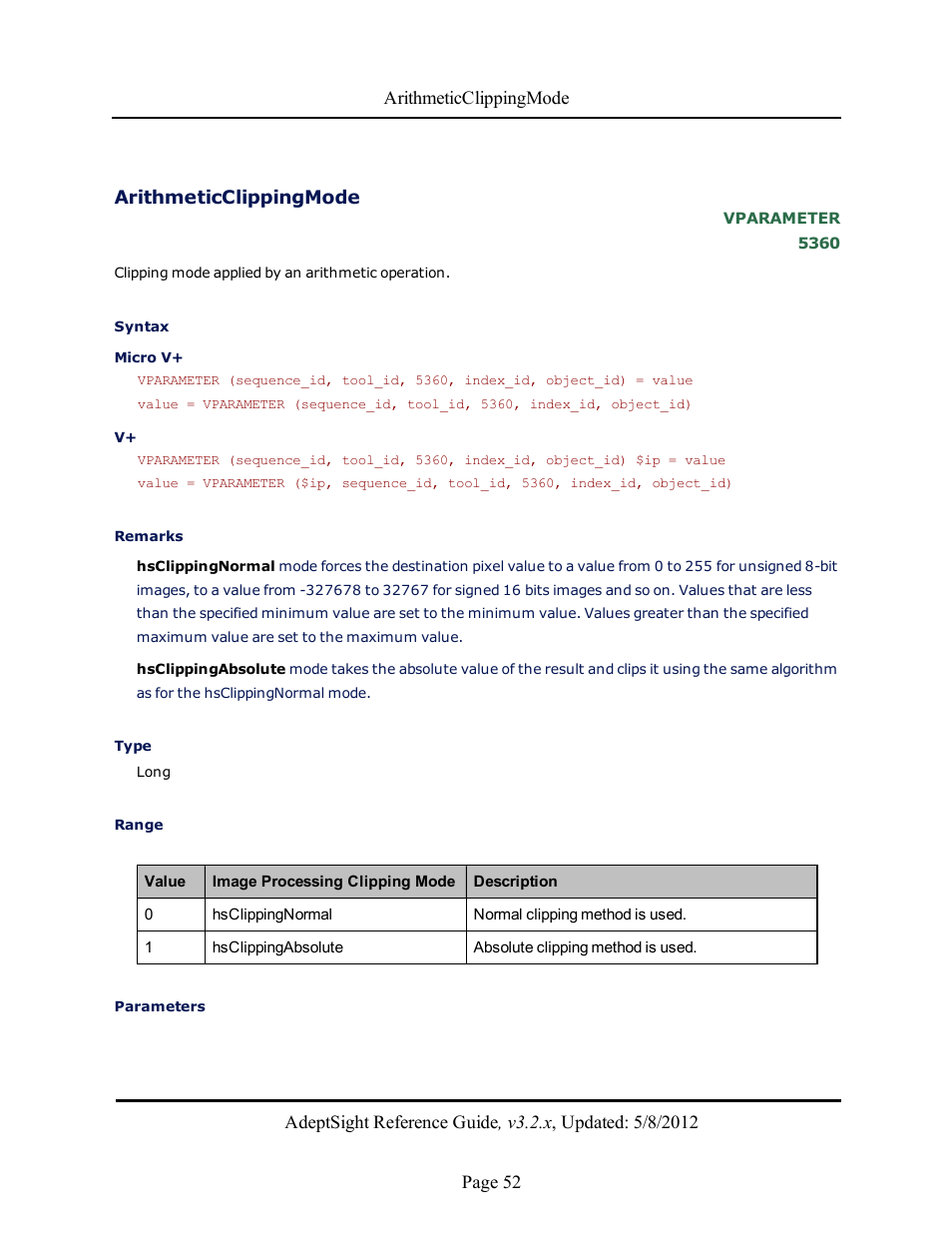 Arithmeticclippingmode | Adept AdeptSight Reference Guide User Manual | Page 52 / 579