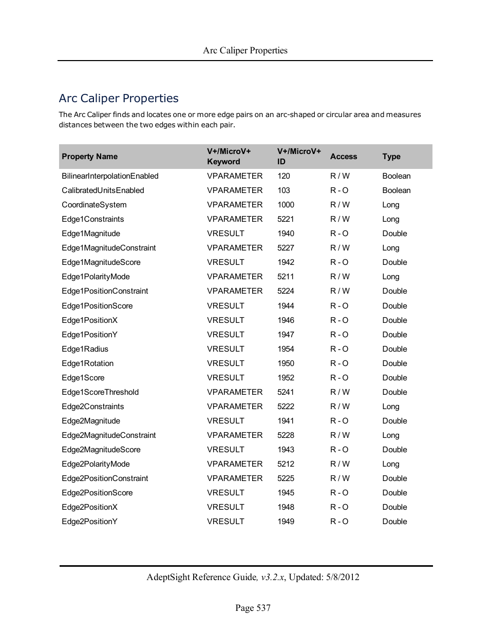 Arc caliper properties | Adept AdeptSight Reference Guide User Manual | Page 537 / 579