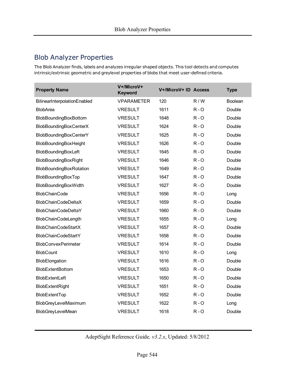 Blob analyzer properties | Adept AdeptSight Reference Guide User Manual | Page 544 / 579