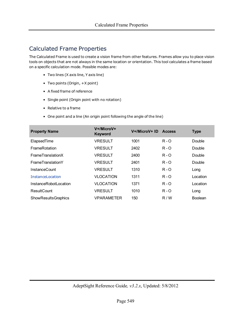 Calculated frame properties | Adept AdeptSight Reference Guide User Manual | Page 549 / 579