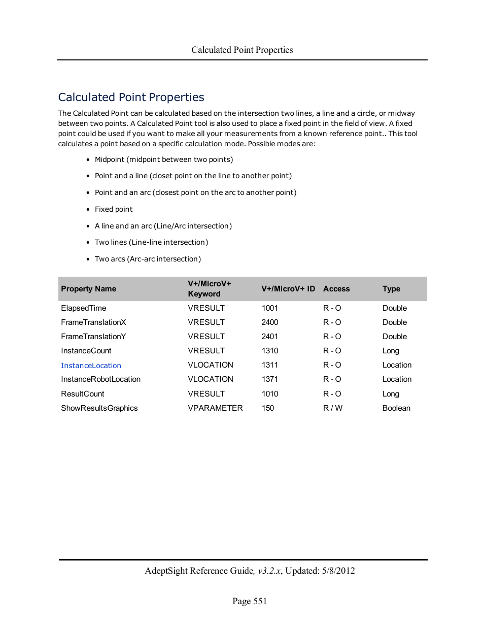 Calculated point properties | Adept AdeptSight Reference Guide User Manual | Page 551 / 579