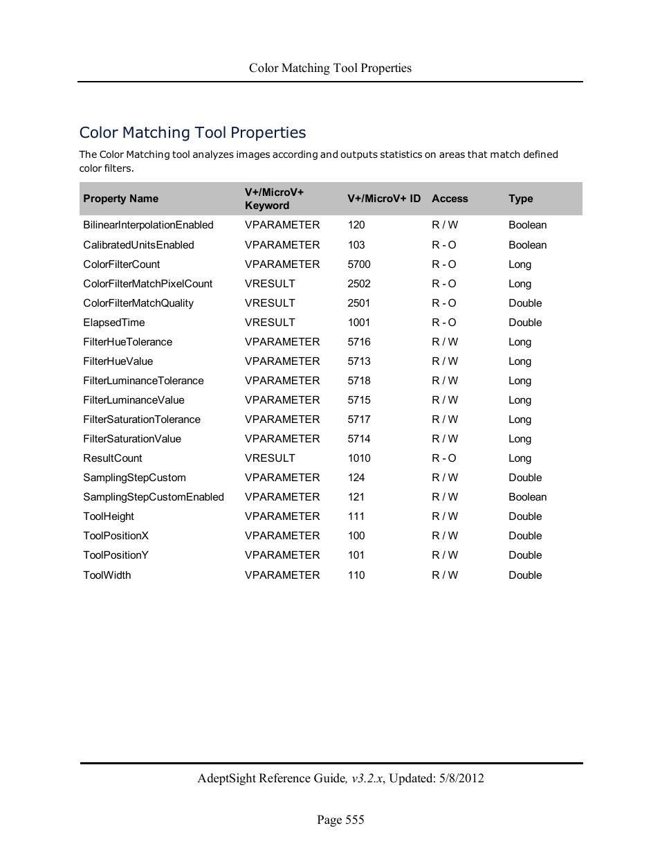 Color matching tool properties | Adept AdeptSight Reference Guide User Manual | Page 555 / 579