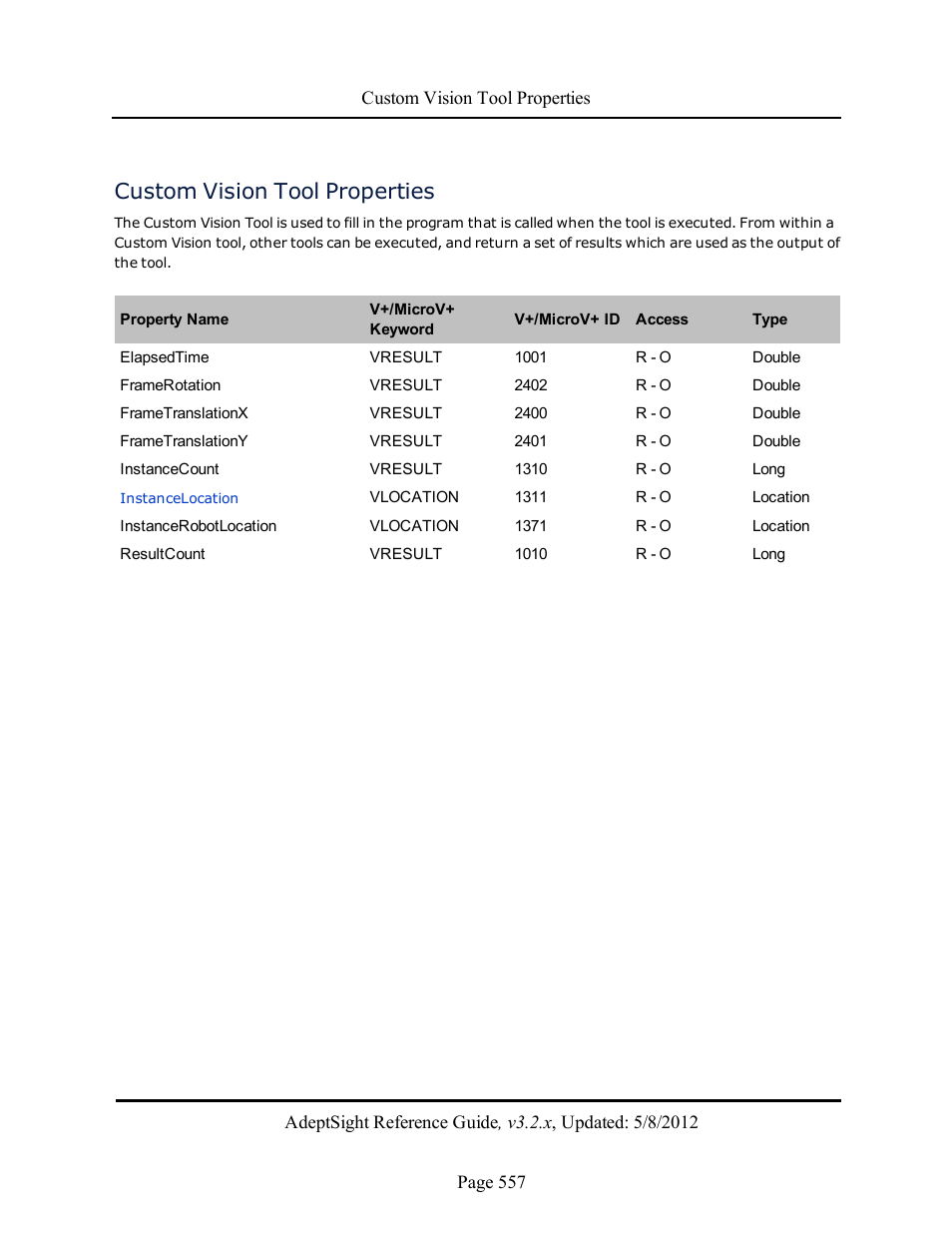 Custom vision tool properties | Adept AdeptSight Reference Guide User Manual | Page 557 / 579