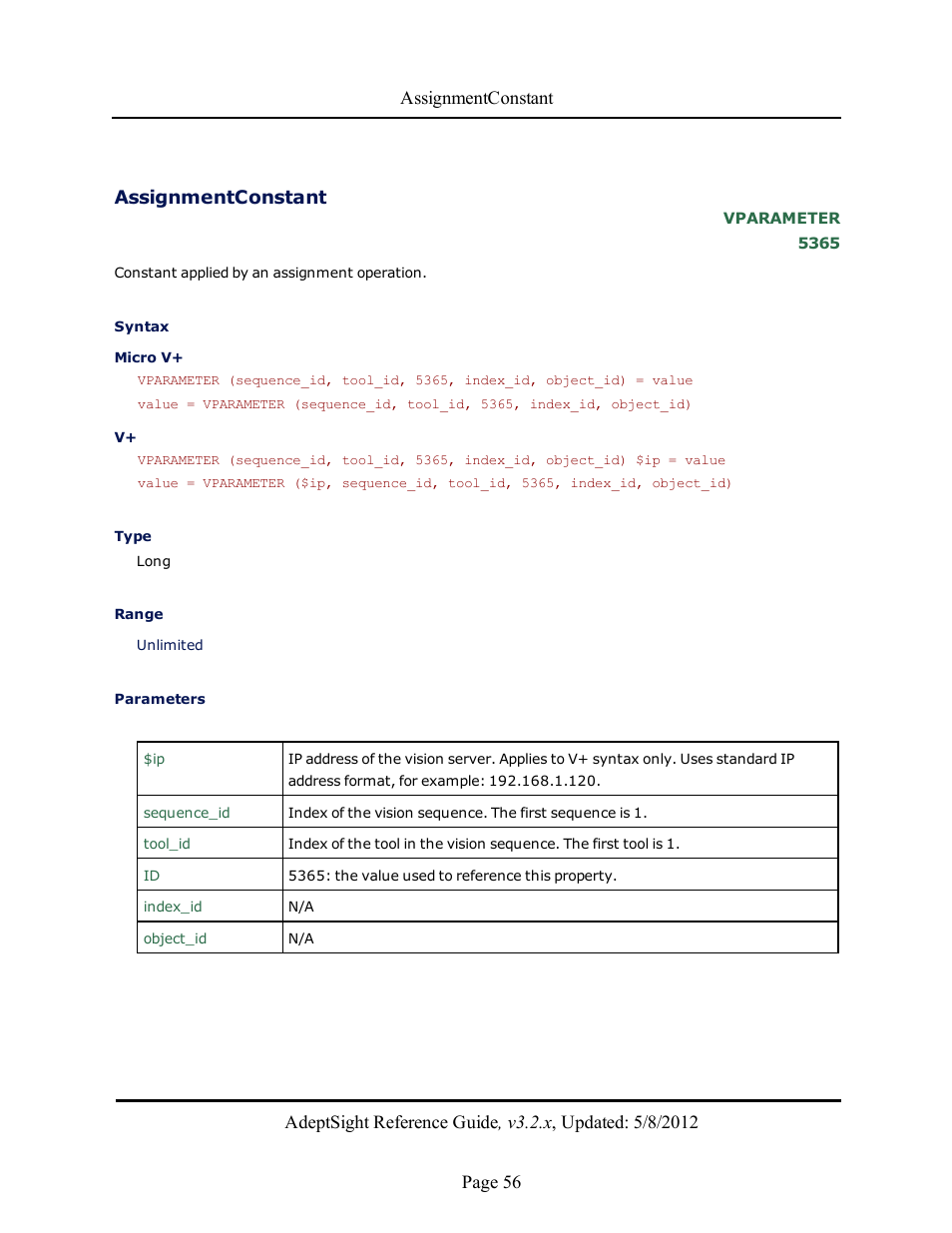 Assignmentconstant | Adept AdeptSight Reference Guide User Manual | Page 56 / 579