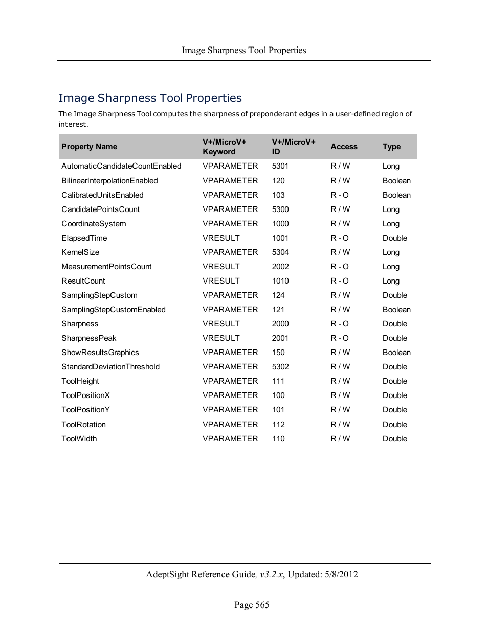 Image sharpness tool properties | Adept AdeptSight Reference Guide User Manual | Page 565 / 579