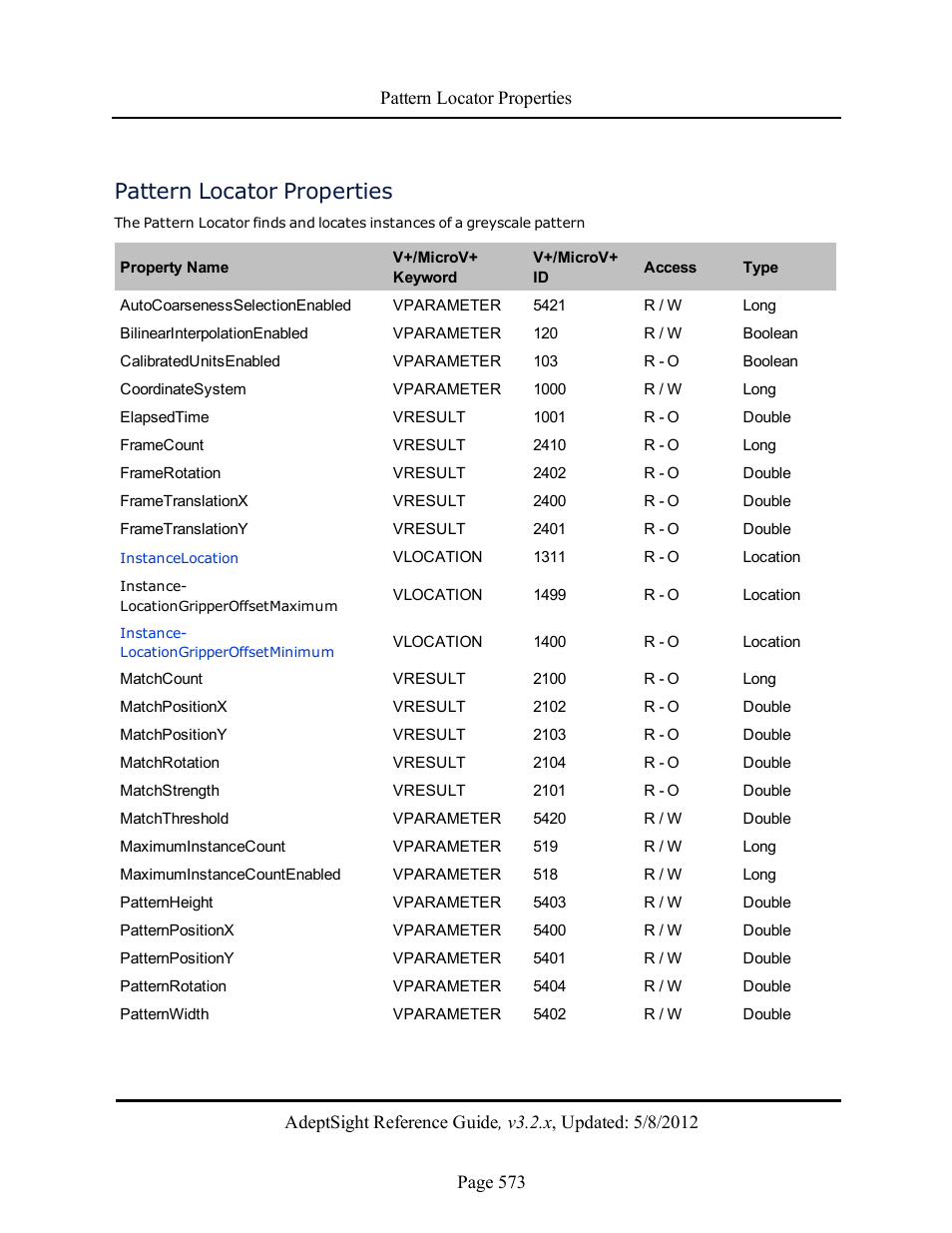 Pattern locator properties | Adept AdeptSight Reference Guide User Manual | Page 573 / 579