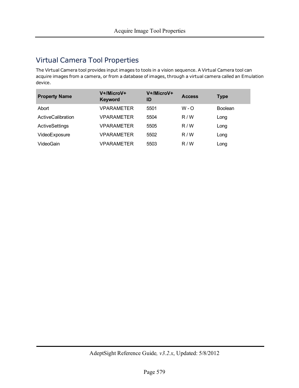 Virtual camera tool properties | Adept AdeptSight Reference Guide User Manual | Page 579 / 579