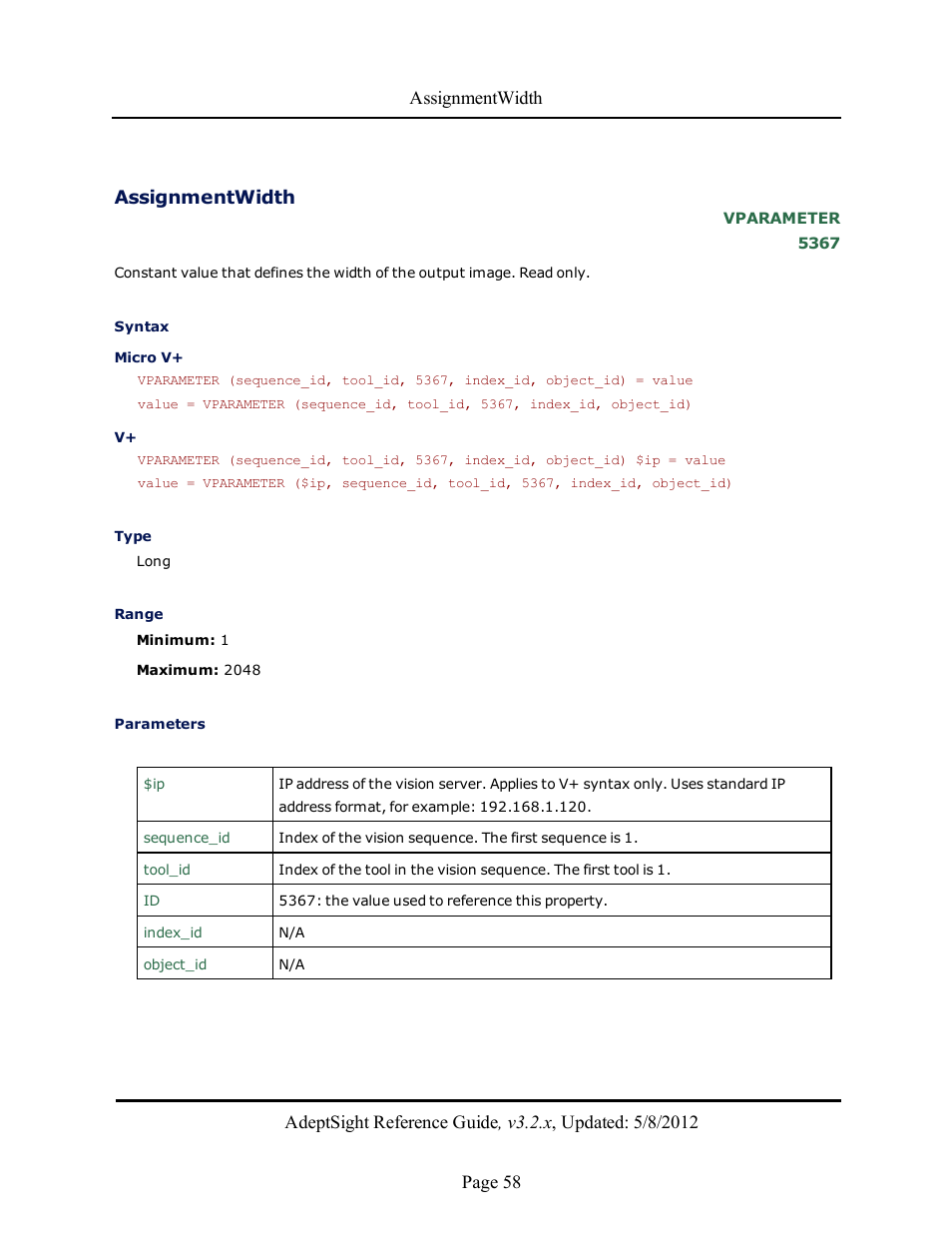 Assignmentwidth | Adept AdeptSight Reference Guide User Manual | Page 58 / 579