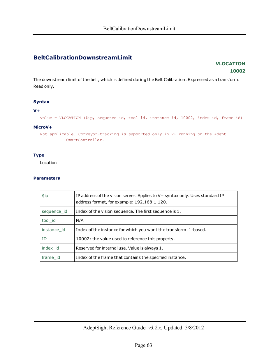 Beltcalibrationdownstreamlimit | Adept AdeptSight Reference Guide User Manual | Page 63 / 579