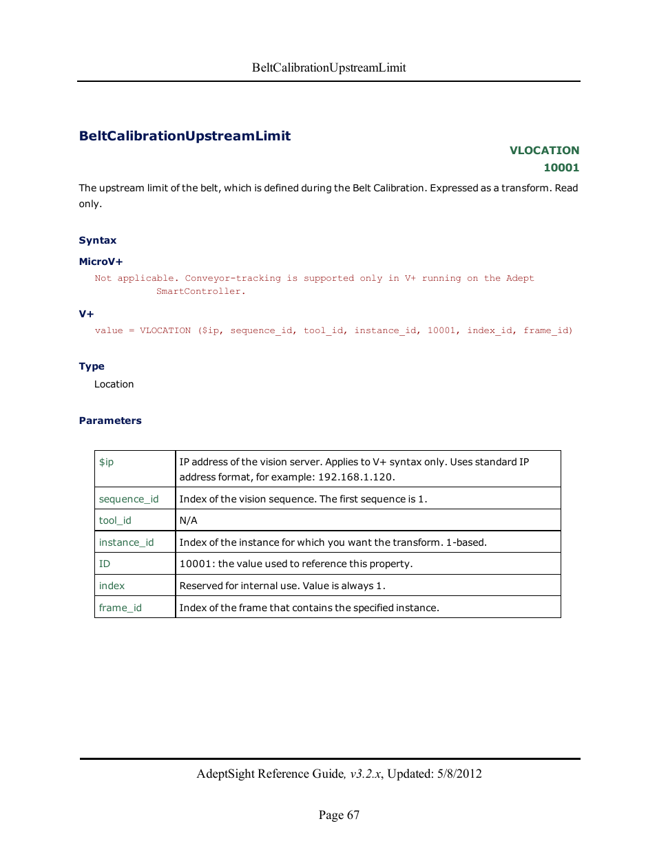 Beltcalibrationupstreamlimit | Adept AdeptSight Reference Guide User Manual | Page 67 / 579