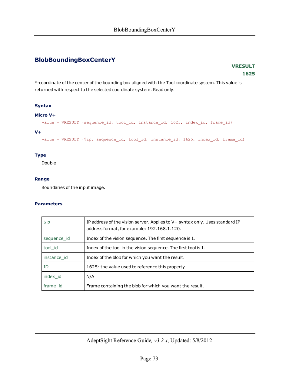 Blobboundingboxcentery | Adept AdeptSight Reference Guide User Manual | Page 73 / 579