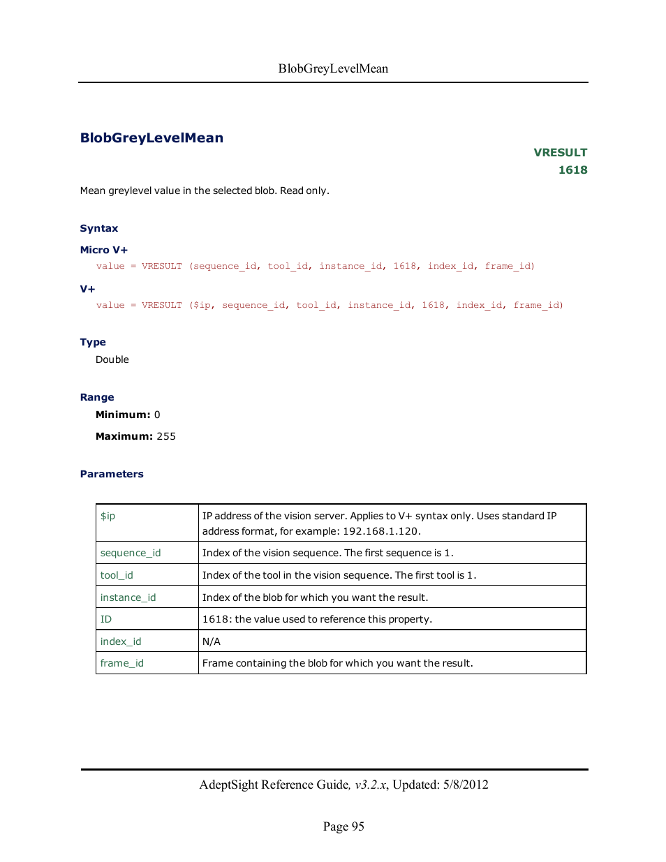 Blobgreylevelmean | Adept AdeptSight Reference Guide User Manual | Page 95 / 579