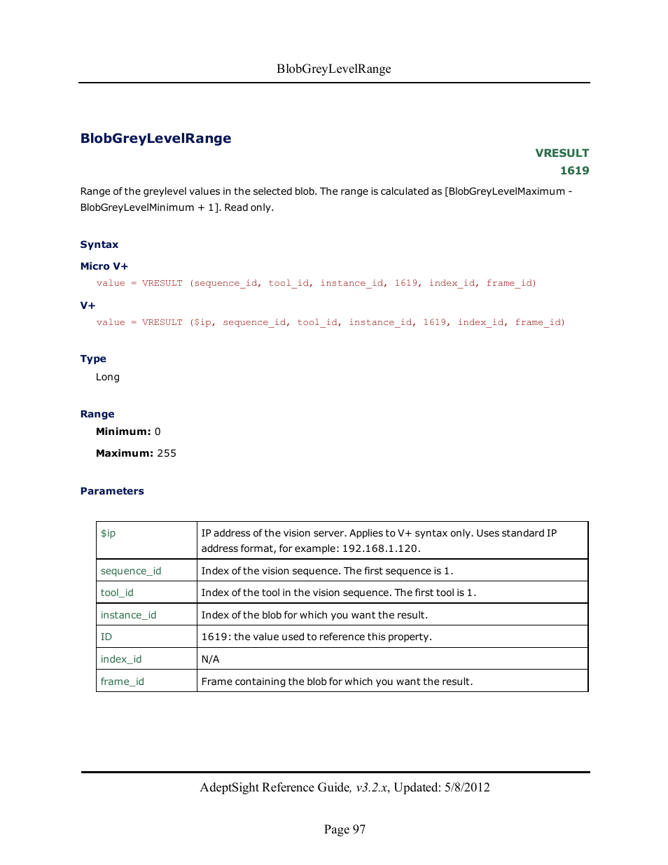 Blobgreylevelrange | Adept AdeptSight Reference Guide User Manual | Page 97 / 579
